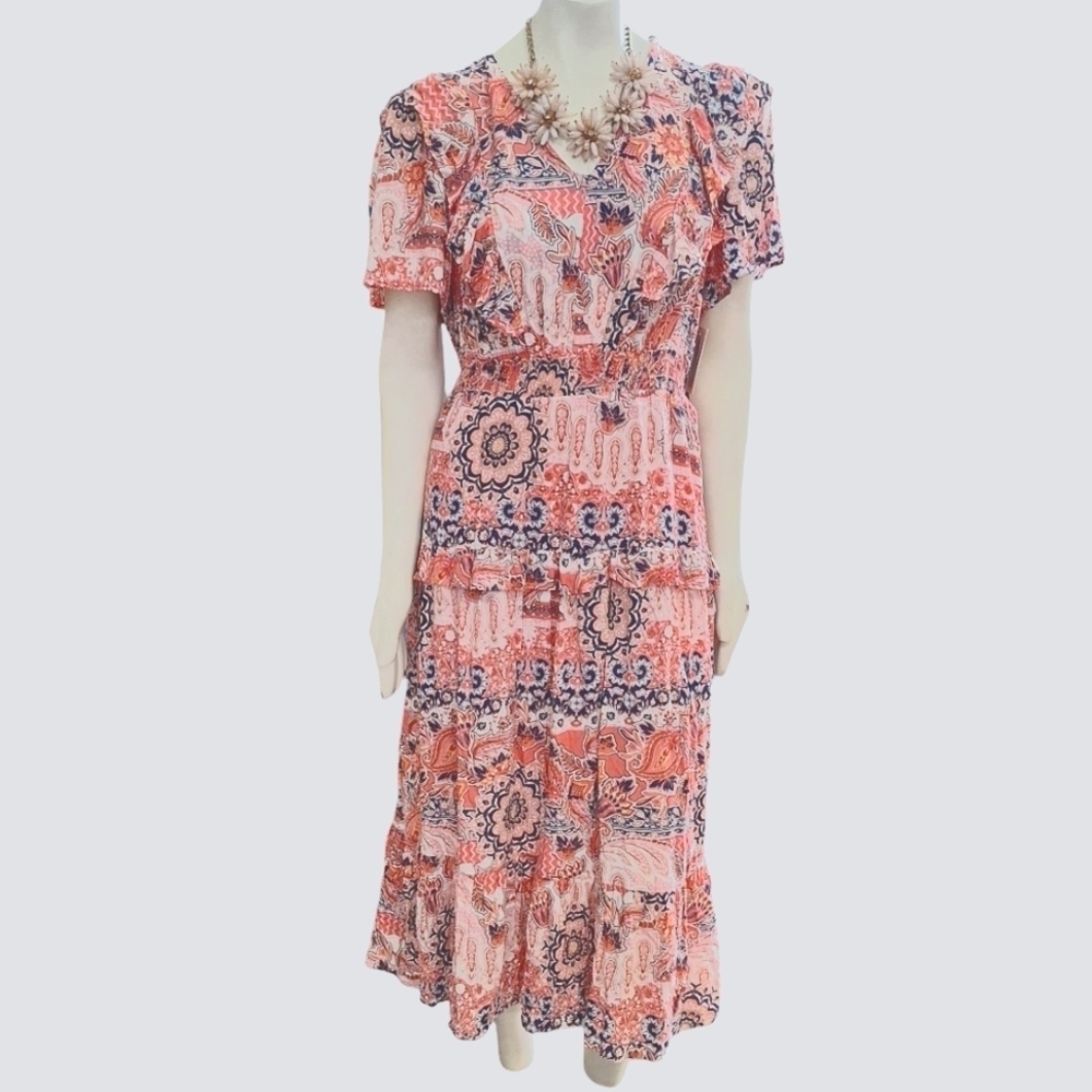 Nurture by Westbound Printed V-Neck Tiered Women's Dress Size L NWT